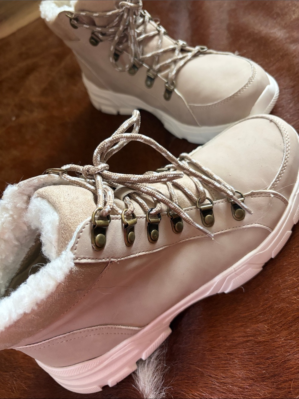 Women's Faux-Shearling Lace-Up Ankle Boots in Beige - Picture 2 of 4